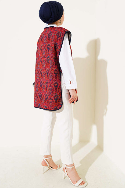 Ethnic Pattern Snap-On Sweater, Burgundy