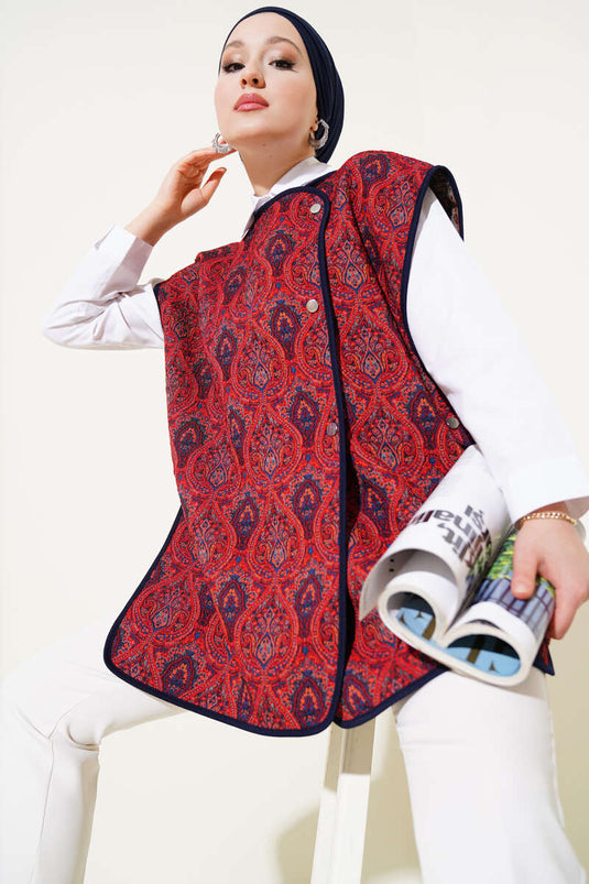 Ethnic Pattern Snap-On Sweater, Burgundy