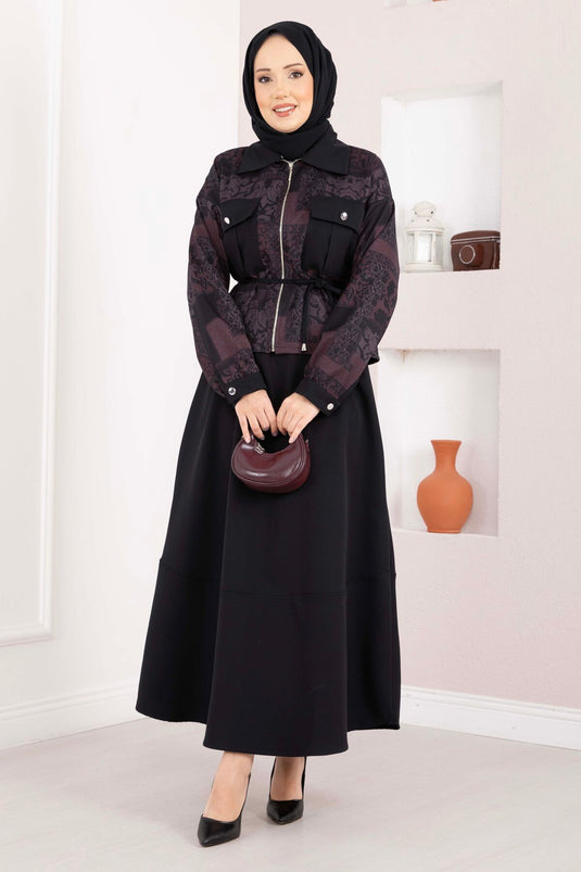 Ensemble jupe et veste courte à motif ethnique bordeaux