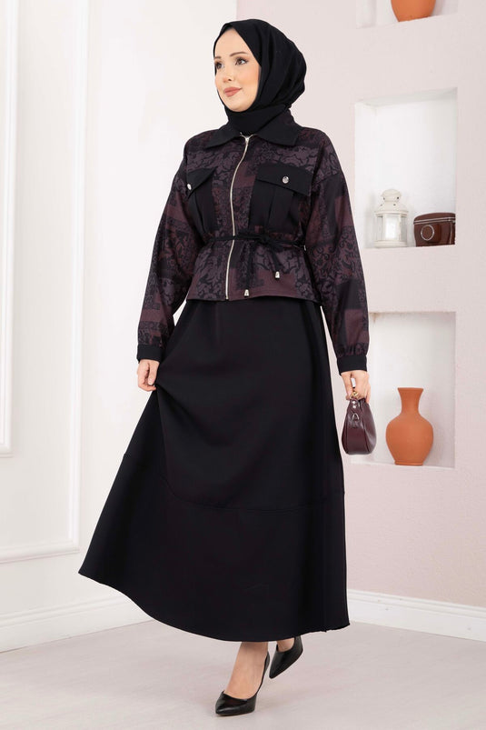 Ensemble jupe et veste courte à motif ethnique bordeaux