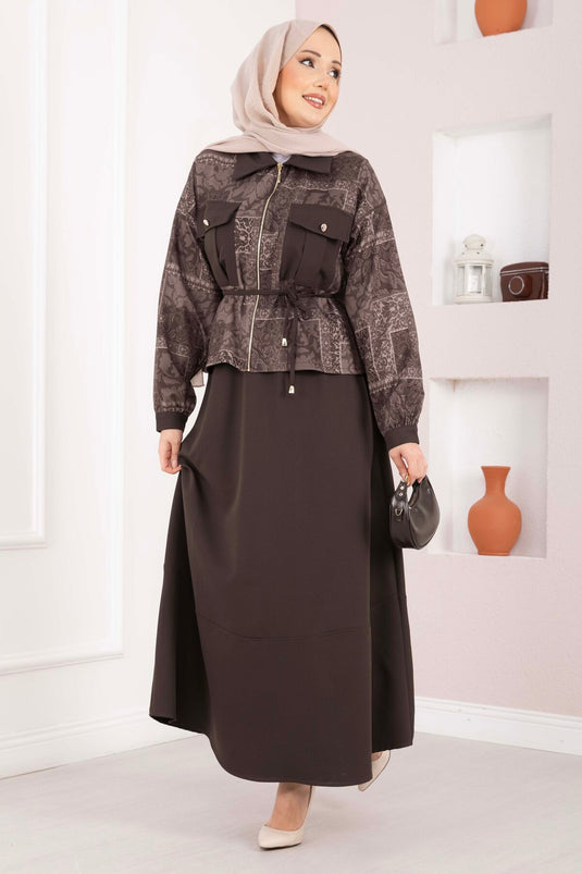 Ethnic Pattern Crop Jacket and Skirt Set Brown