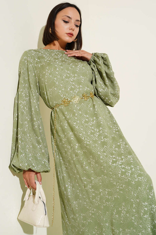Robe ceinturée à motifs ethniques vert amande