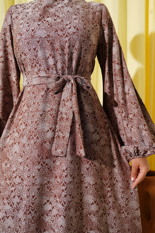 Ethnic Pattern Detailed Belted Dress Brown