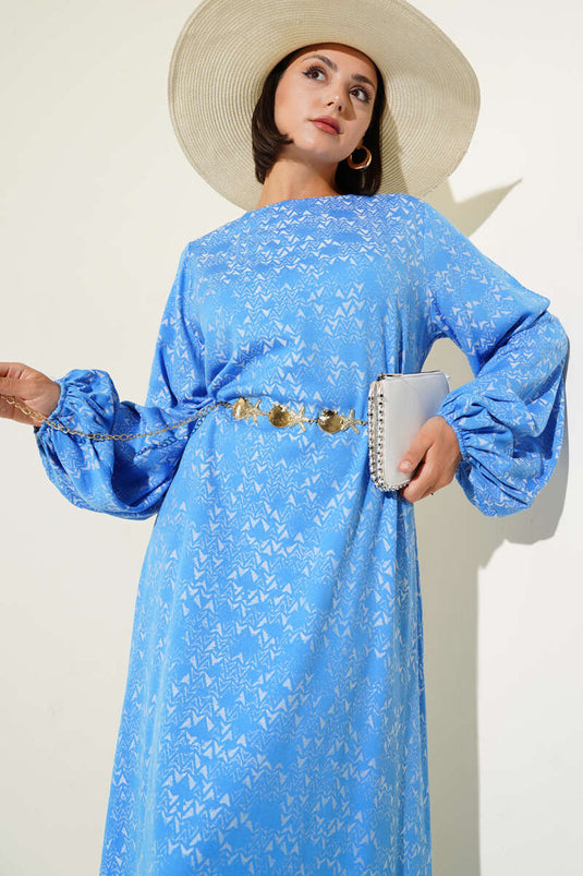 Ethnic Pattern Detailed Belted Dress Blue