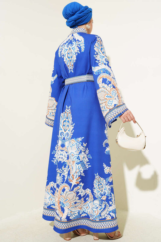 Ethnic Pattern Buttoned Belted Dress Saxe