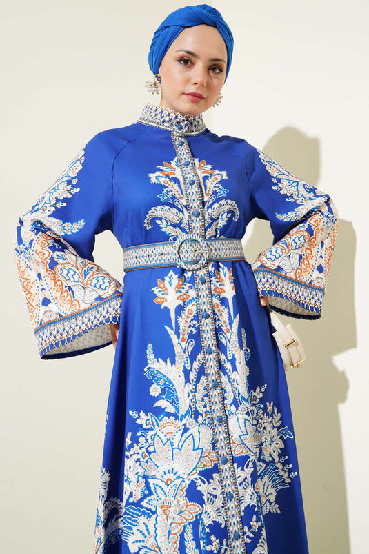 Ethnic Pattern Buttoned Belted Dress Saxe