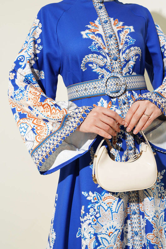 Ethnic Pattern Buttoned Belted Dress Saxe