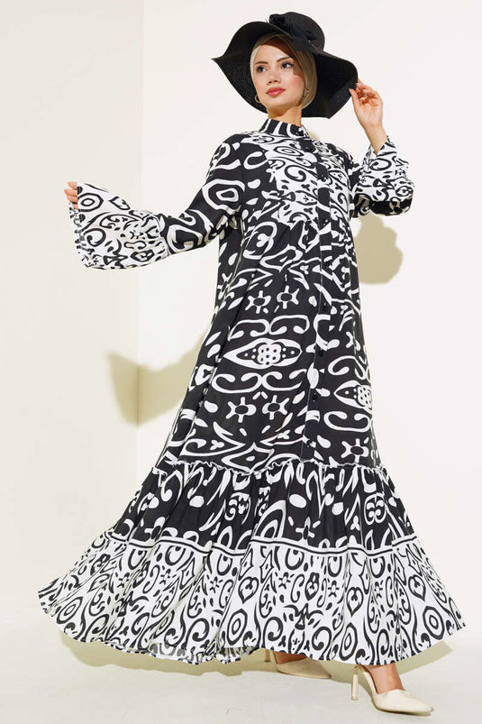 Ethnic Pattern Buttoned Loose Dress White