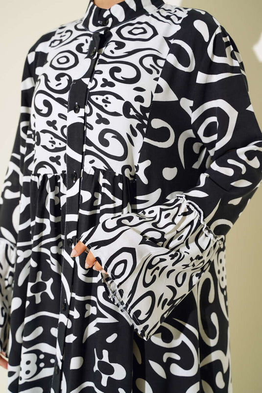 Ethnic Pattern Buttoned Loose Dress White