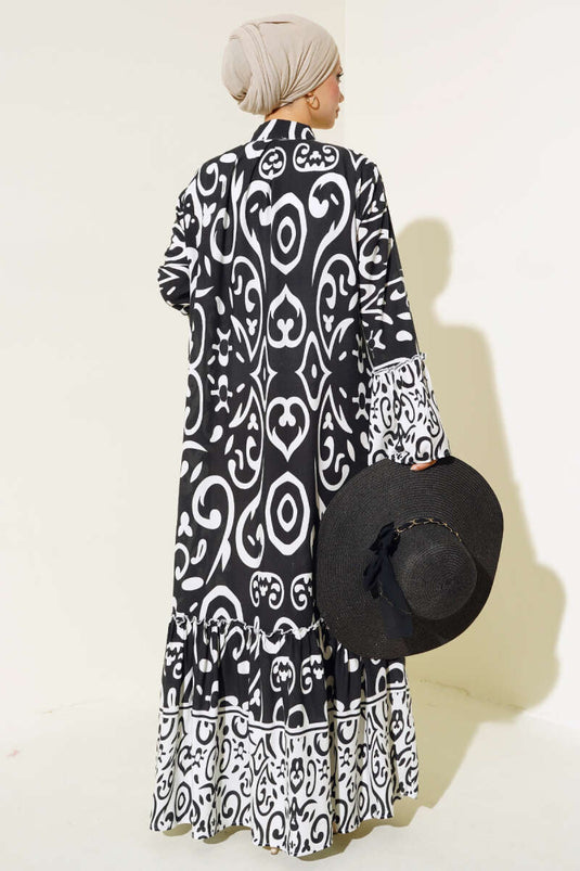 Ethnic Pattern Buttoned Loose Dress White