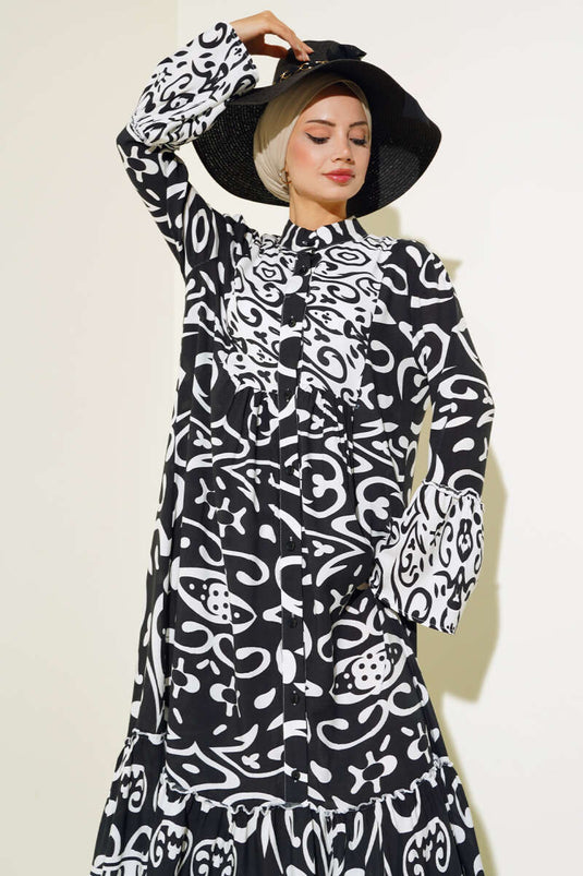 Ethnic Pattern Buttoned Loose Dress White