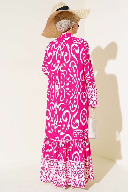 Abito casual abbottonato con motivo etnico Fucsia