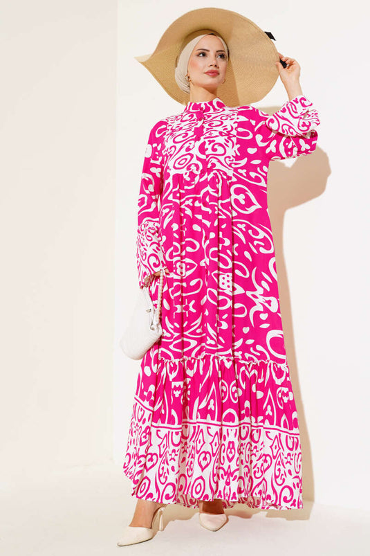 Abito casual abbottonato con motivo etnico Fucsia