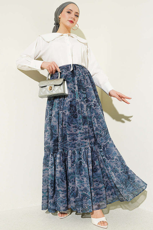 Gonna a strati in chiffon con motivo etnico indaco