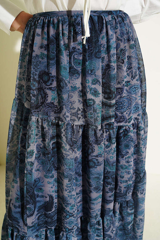 Gonna a strati in chiffon con motivo etnico indaco