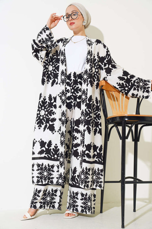 Ensemble Double Kimono Motif Ethnique Noir Blanc