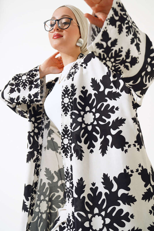 Ensemble Double Kimono Motif Ethnique Noir Blanc