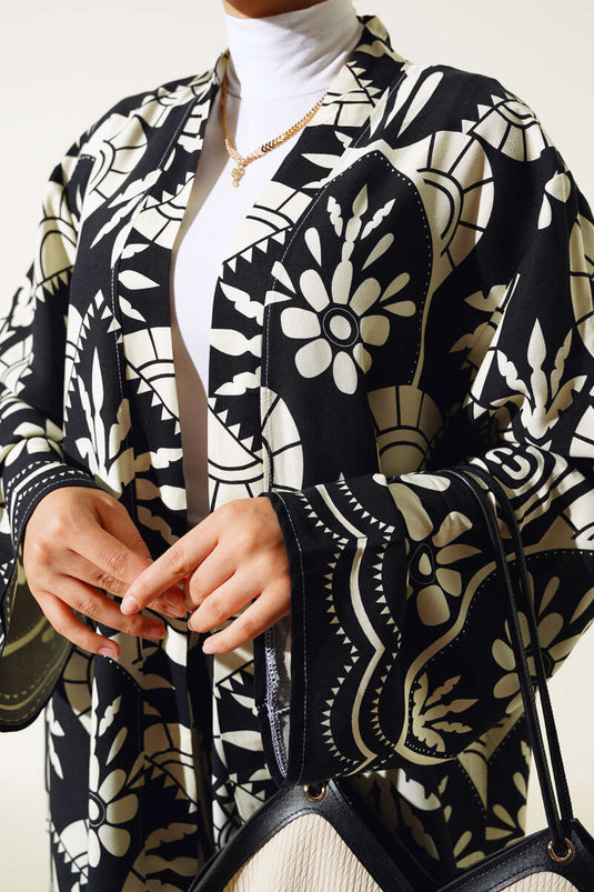 Ensemble Double Kimono Motif Ethnique Noir Ecru