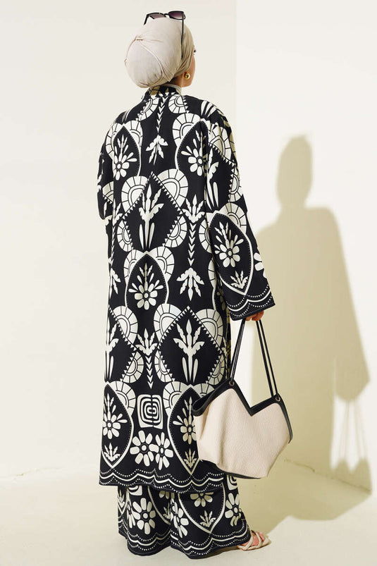 Ensemble Double Kimono Motif Ethnique Noir Ecru