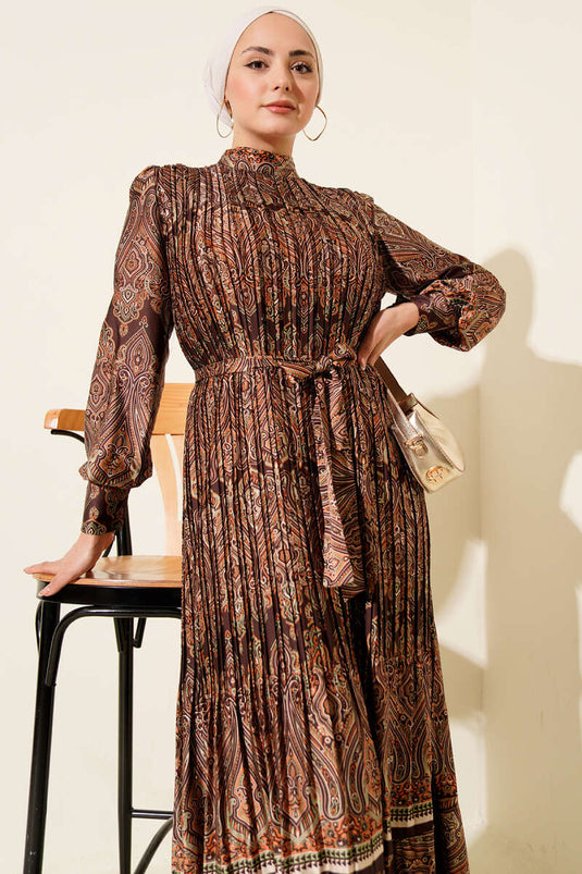 Ethnic Pattern Pleated Satin Dress in Brown