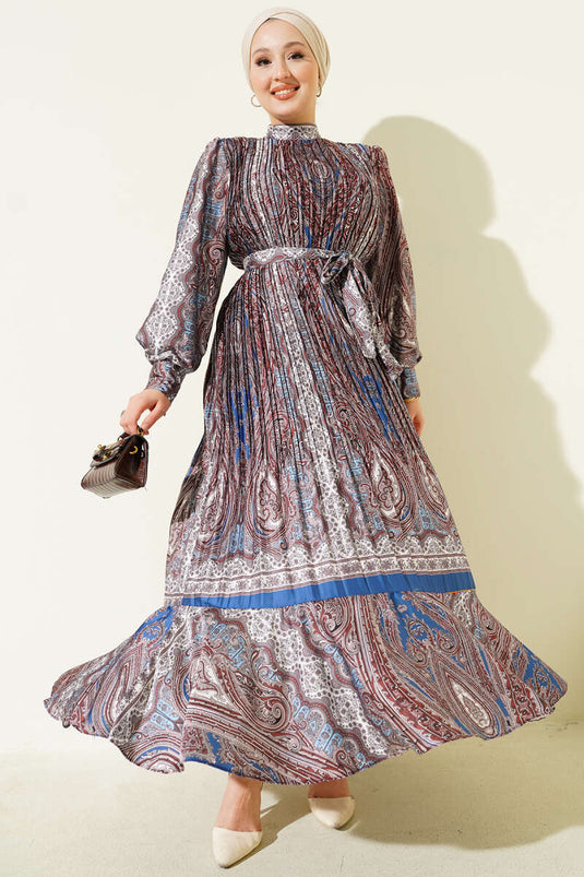 Etnik Desen Pileli Saten Elbise Kestane