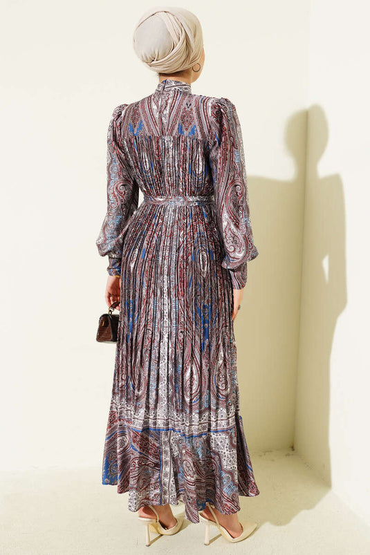Ethnic Pattern Pleated Satin Dress Chestnut
