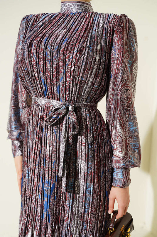 Etnik Desen Pileli Saten Elbise Kestane