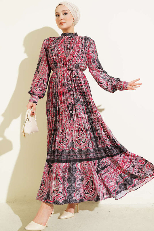 فستان ساتان مطوي بنمط عرقي أحمر