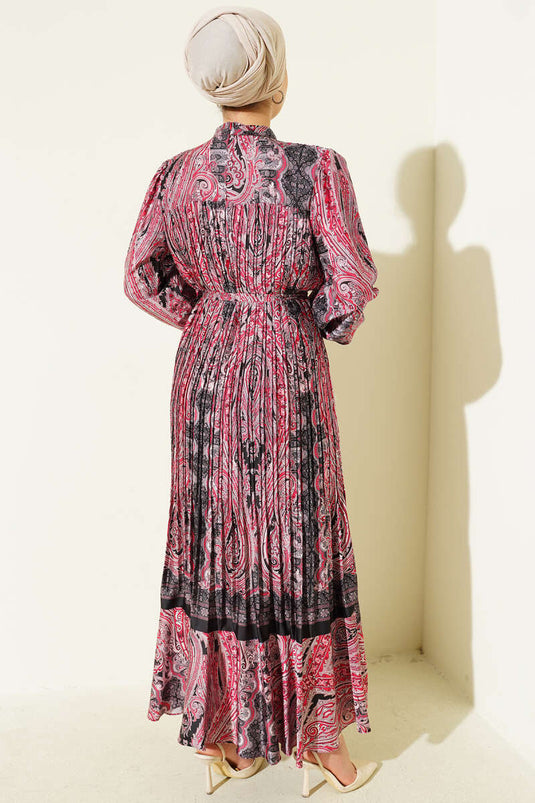 فستان ساتان مطوي بنمط عرقي أحمر