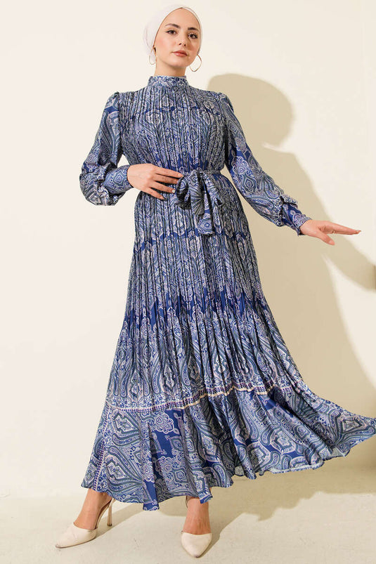 Ethnic Pattern Pleated Satin Dress Navy Blue