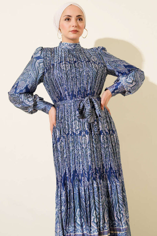 Ethnic Pattern Pleated Satin Dress Navy Blue