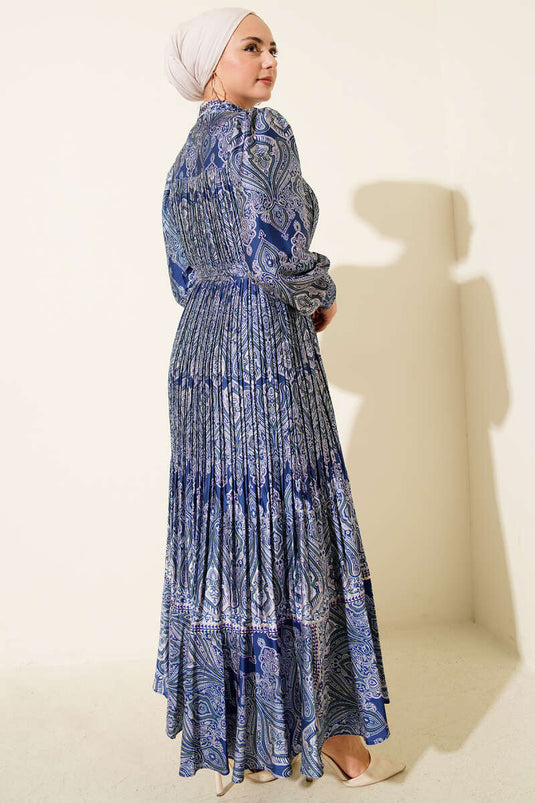 Ethnic Pattern Pleated Satin Dress Navy Blue