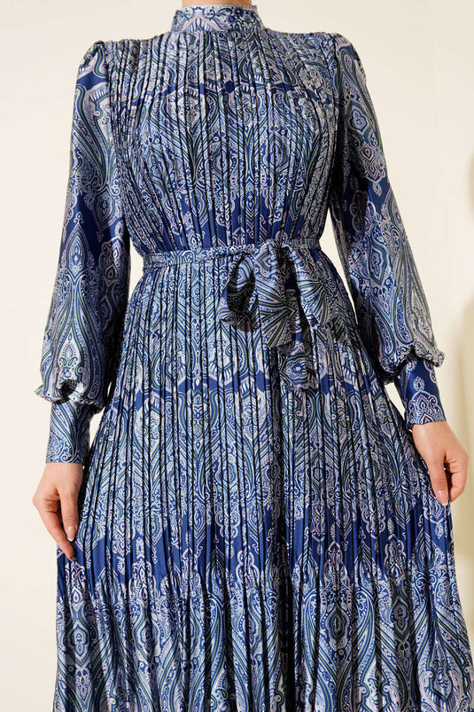 Ethnic Pattern Pleated Satin Dress Navy Blue