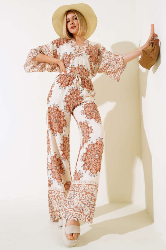 Ensemble deux pièces beige à motif ethnique décontracté