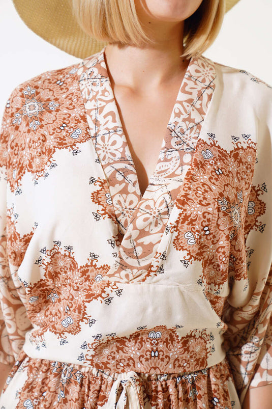 Ensemble deux pièces beige à motif ethnique décontracté