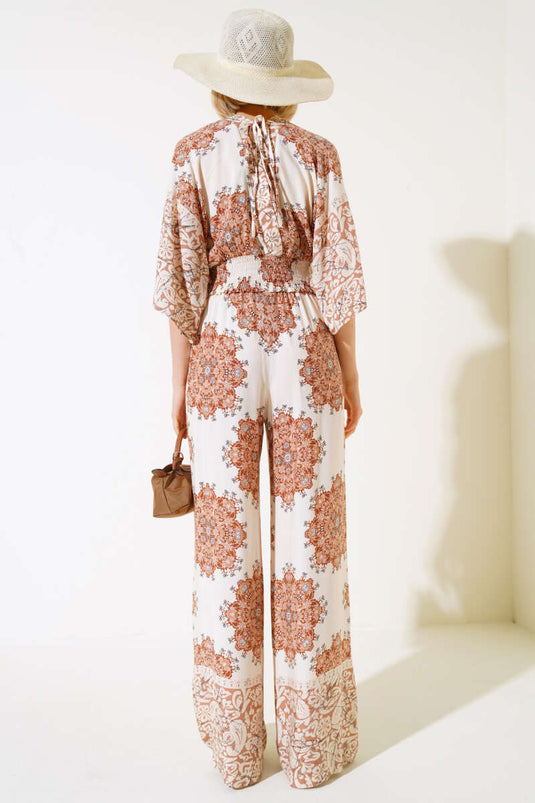 Ensemble deux pièces beige à motif ethnique décontracté