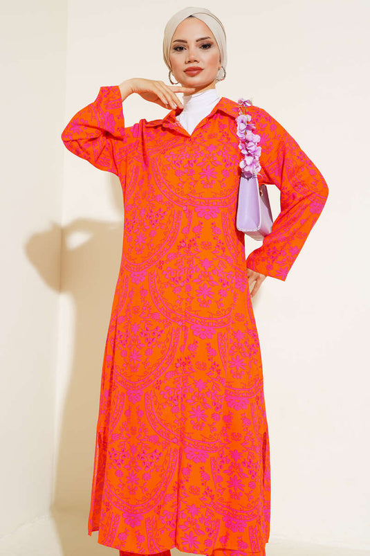 طقم تونيك طويل بنمط عرقي برتقالي فوشيا