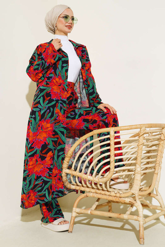 طقم تونيك طويل بنمط عرقي باللون الأسود والبرتقالي