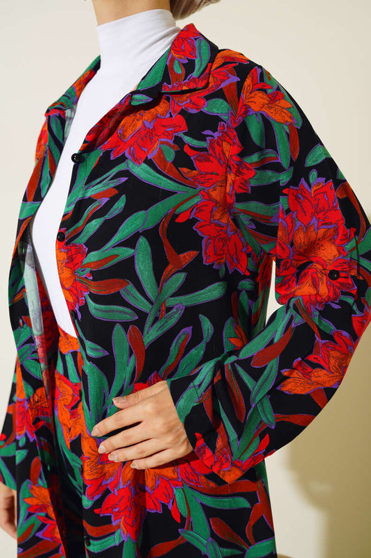 Etnisk mønster lang tunika sæt sort orange