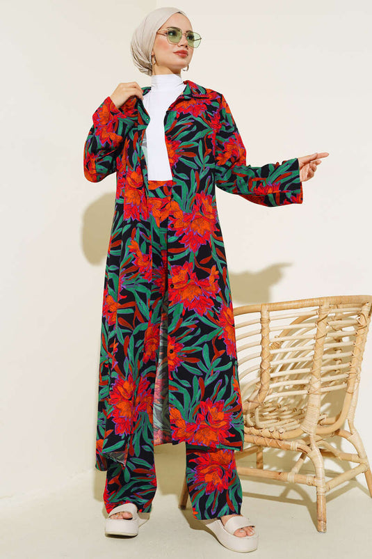 طقم تونيك طويل بنمط عرقي باللون الأسود والبرتقالي