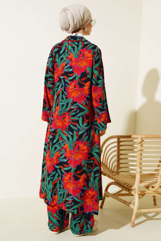 Etnisk mønster lang tunika sæt sort orange