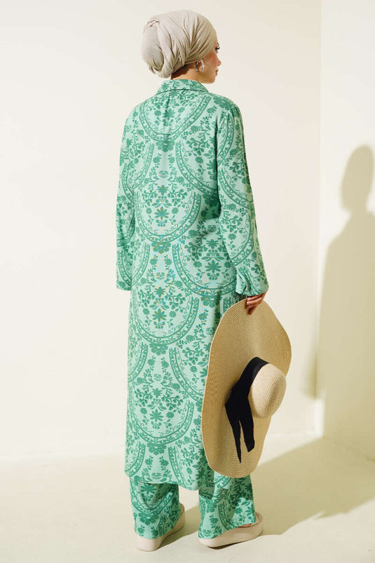 Etnisk mønster lang tunika sæt grøn