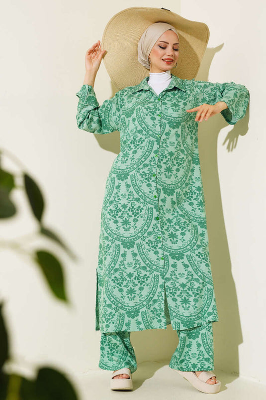 طقم تونيك طويل بنمط عرقي باللون الأخضر