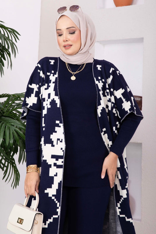 طقم ثلاثي بجيب بنمط عرقي وتريكو أزرق داكن
