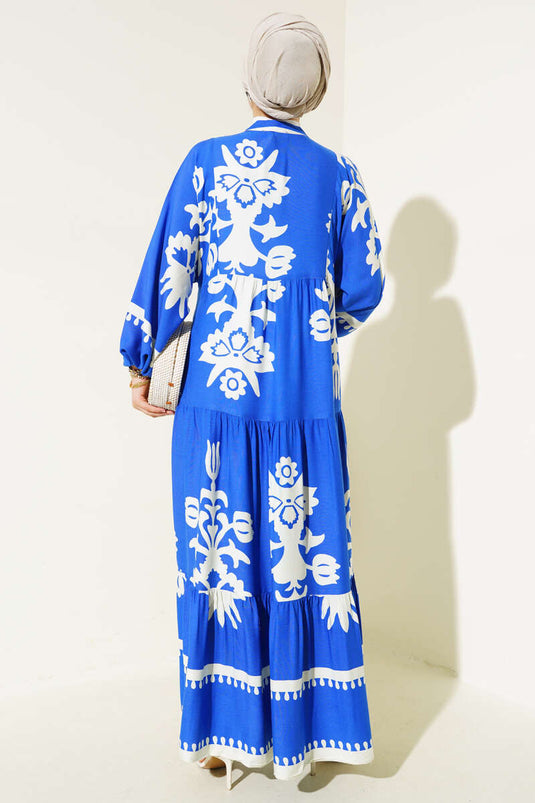 Ethnic Patterned Elastic Waist Dress in Royal Blue