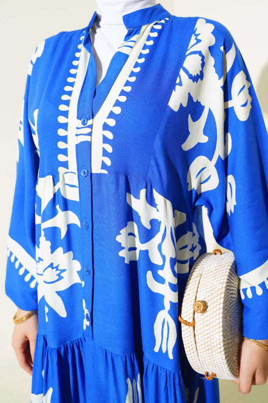 Ethnic Patterned Elastic Waist Dress in Royal Blue