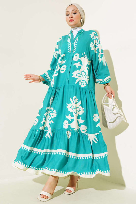 Ethnic Patterned Elastic Waist Dress Green