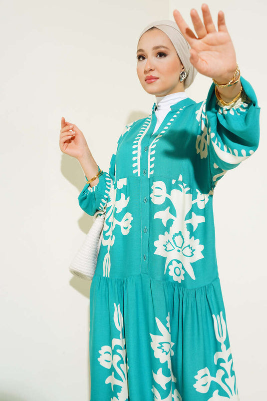 Ethnic Patterned Elastic Waist Dress Green