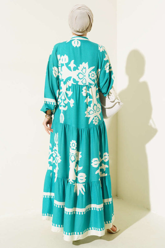 Ethnic Patterned Elastic Waist Dress Green