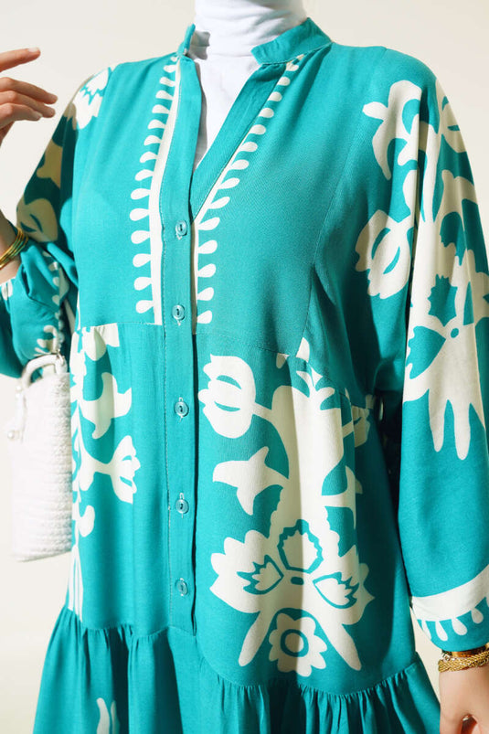 Ethnic Patterned Elastic Waist Dress Green